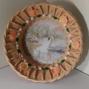 Swan Motive Reed Basket Flowers Beads Round Handmade Artist signed Germany